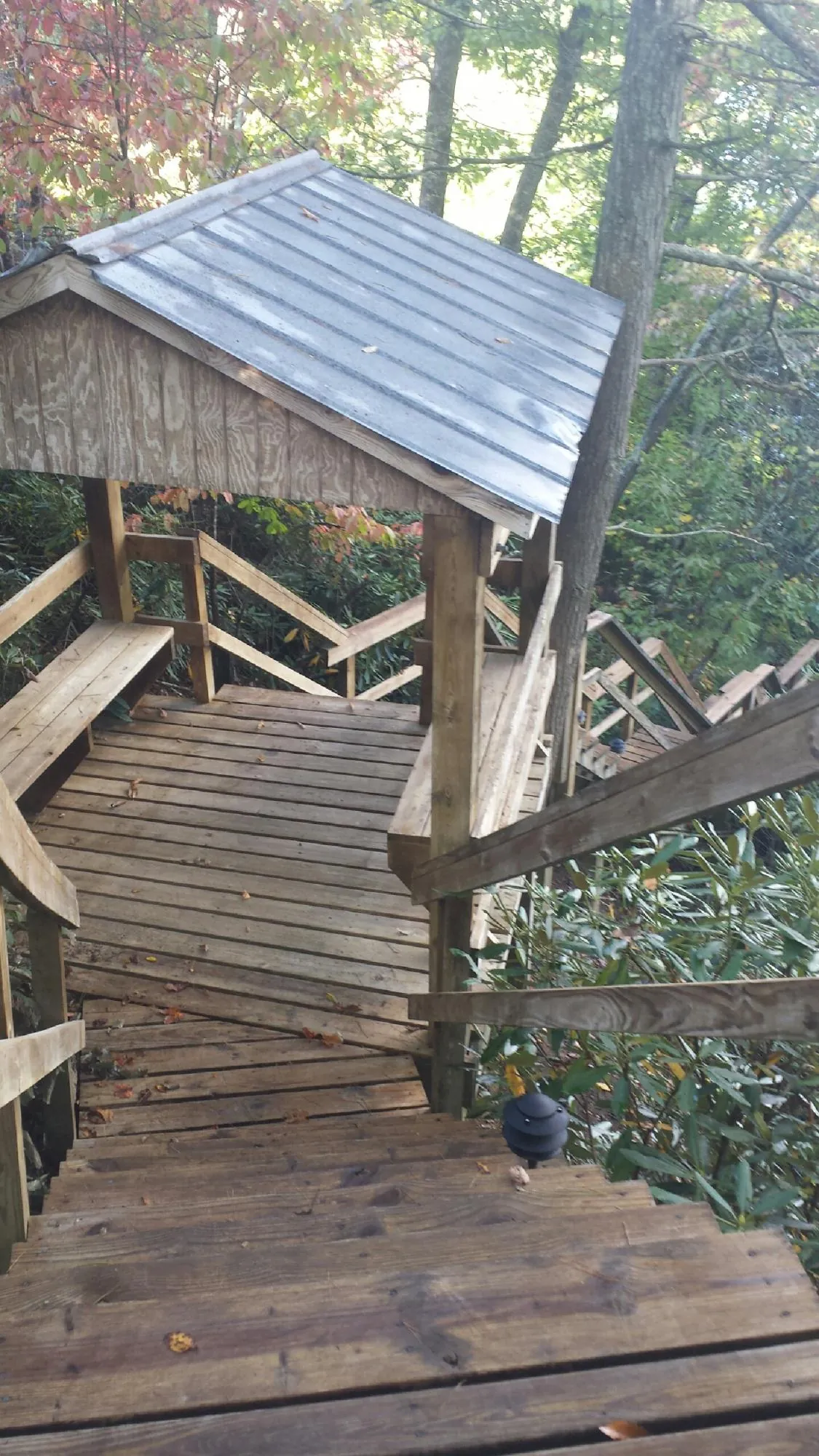 Metal roofed shelter over wooden steps on a wooded walkway — Skylight Repair & Installation work by our crew in Cedarpines Park